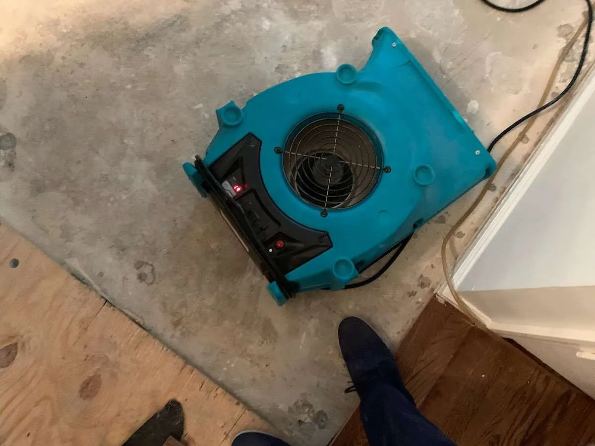 Air mover drying subfloor during Leak Detection & Repair in South Boston